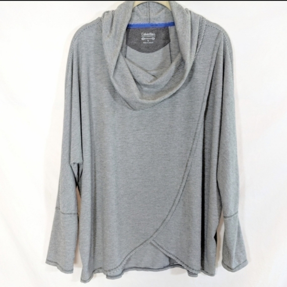 Calvin Klein Cowl Neck Faux Wrap Split Front Gray & White Micro Stripe Top Small - Picture 2 of 9
